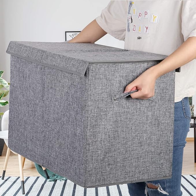 Popoly Large toy chest with lid, foldable toy storage organizer with removable divider, 25 x 13 x 16 inches (linen gray)