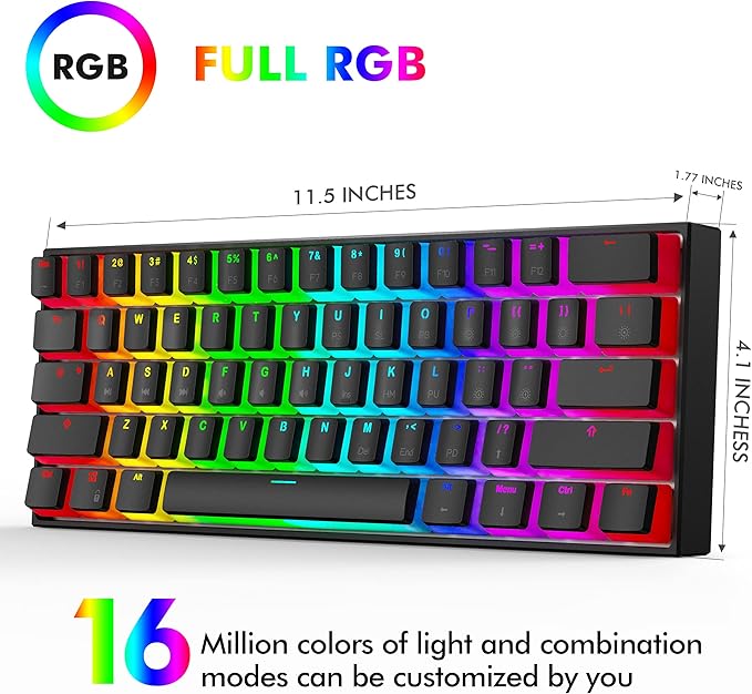 Ractous RTK61 60 Mechanical Gaming Keyboard with PBT Pudding keycap, RGB Backlit Hot Swappable Type-C 61Key Ultra-Compact Keyboard with Full Key Programmable-Black(Gateron Optical Blue Switch