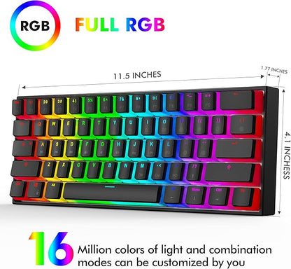 Ractous RTK61 60 Mechanical Gaming Keyboard with PBT Pudding keycap, RGB Backlit Hot Swappable Type-C 61Key Ultra-Compact Keyboard with Full Key Programmable-Black(Gateron Optical Blue Switch