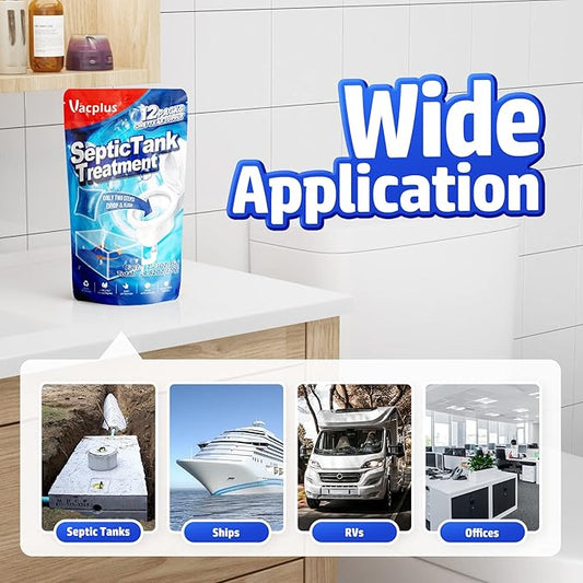 Vacplus Septic Tank Treatment 12 Pcs for 1-Year Supply, Dissolvable Packs with Easy Operation, Durable Biodegradable Enzymes for Wastes, Greases  Odors, Blue, 2X Efficiency