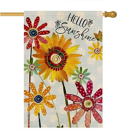 Summer Flowers House Flags for Outdoor, Hello Sunshine Sunflower Daisy Yard Flags for Outside,Seasonal Decorative Flag for Farmhouse Holiday Decoration 28x40 Inch Double Sided