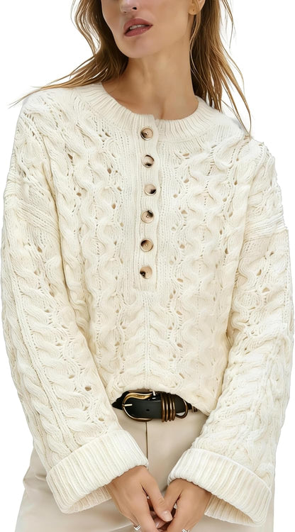 Free People Women's Cable Knit Sweater Long Sleeve Crewneck Casual Cropped Pullover Sweaters Boho Half Button Down Tops