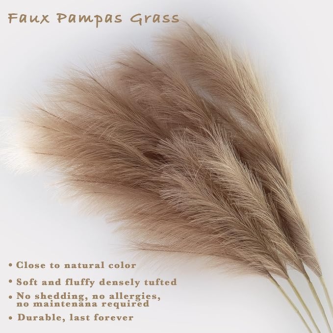 4pcs Faux Pampas Grass Tall 43” / 3.6ft, Non-Shedding Large Artificial Fluffy Reed Fake Flower Feather Arrangement for Floor Vase Filler Boho Farmhouse Home Wedding Decor (Light Brown)