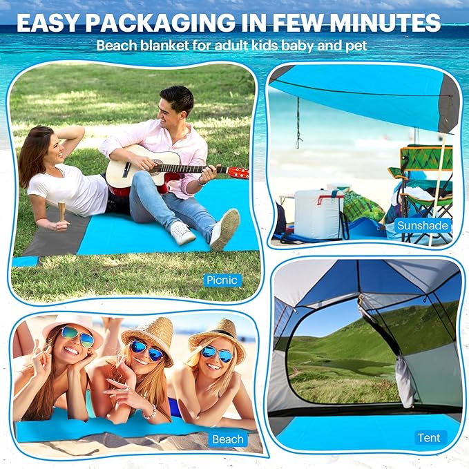 EASYFUN Beach Blanket Sandproof Oversized, 79''83'' Extra Large Beach Mat, Portable Picnic Mat for Travel Camping Hiking, Lightweight Beach Essentials Family Water Resistant Mat Nylon 210T