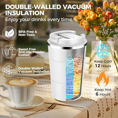 13 oz Stainless Steel Insulated Travel Coffee Mug with Fip Lid,Reusable Double Wall Vacuum Metal Coffee Cup,Portable to Go Leak Proof Cafe Thermal Tumbler for Hot & Cold Drinks(White,1)