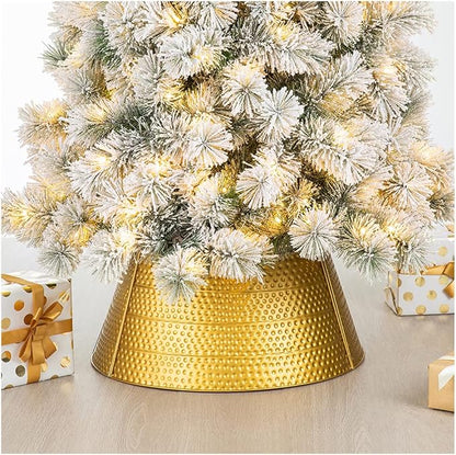 Glitzhome 22" D Gold Hammered Metal Tree Collar Tree Base Cover Decorative Christmas Tree Ring for Christmas Decoration