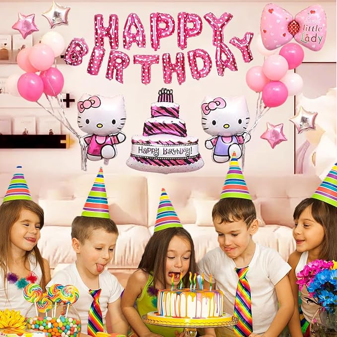 24PCS Pink Birthday Decorations, Cartoon Birthday Party Supplies, Happy Birthday Balloons Banner, Pink Theme Party Decor for Girls