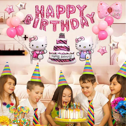 24PCS Pink Birthday Decorations, Cartoon Birthday Party Supplies, Happy Birthday Balloons Banner, Pink Theme Party Decor for Girls