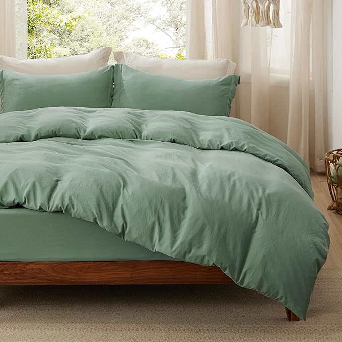 Bedsure Duvet Cover Queen Size with Fitted Sheet - 4 Pieces Prewashed Extra Soft Bedding Set, Includes 1 Duvet Cover 90x90 Inches with Zipper Closure, 2 Pillow Shams, 1 Fitted Sheet, Sage Green