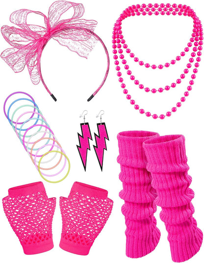 80S Fancy Dress Costume Accessories Headband, Fishnet, Gloves, Necklace, Bracelet, Leg Warmers Party Outfit Set (Does Not Include Earings))