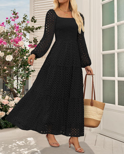 XL, Women's Fall Long Puff Sleeve Maxi Dress Smocked Square Neck Lace Hollow Out Eyelet A Line Boho Flowy Wedding Guest Dresses.