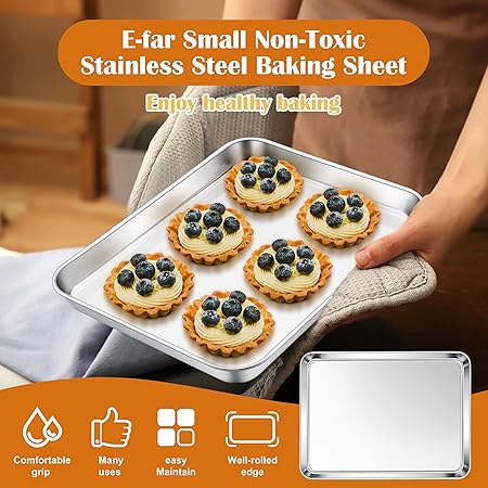 E-far Toaster Oven Tray, 10.5x8.3 Stainless Steel Small Baking Cookie Sheet, Compact Non-toxic Metal Baking Pan for Cake, Healthy  Rust Free, Mirror Finish  Dishwasher Safe, 1 Pack