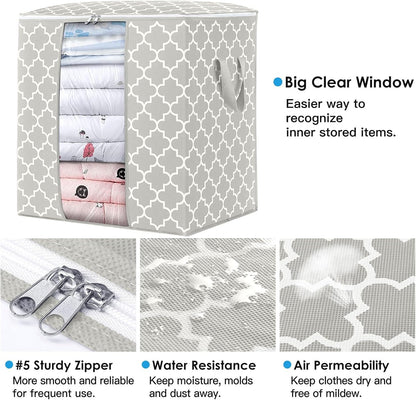 WISELIFE Storage Bags 4 Pack/100L Large Blanket Clothes Organization and Storage Containers for Comforters,Bedding, Foldable Organizer with Reinforced Handle, Clear Window, Sturdy Zippers,Lvory