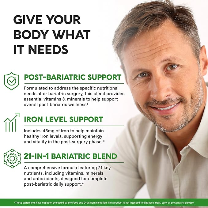 Bariatric Multivitamin - 45 mg Iron Supplements - Made in USA - for Women  Men - All-in-One, 21 Essential Vitamins - Gastric Sleeve Support - Free of Sugar, Gluten  Soy - 90 Capsules, Once Daily