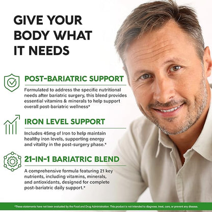 Bariatric Multivitamin - 45 mg Iron Supplements - Made in USA - for Women  Men - All-in-One, 21 Essential Vitamins - Gastric Sleeve Support - Free of Sugar, Gluten  Soy - 90 Capsules, Once Daily