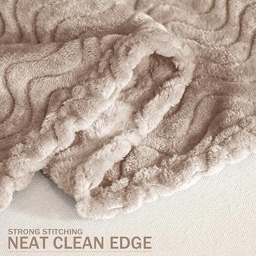 Exclusivo Mezcla Camel Fleece Throw Blanket for Couch Bed, Super Soft Cozy Blankets with Decorative Wave Textured, Lightweight Plush All Season Use, 50x70 Inches