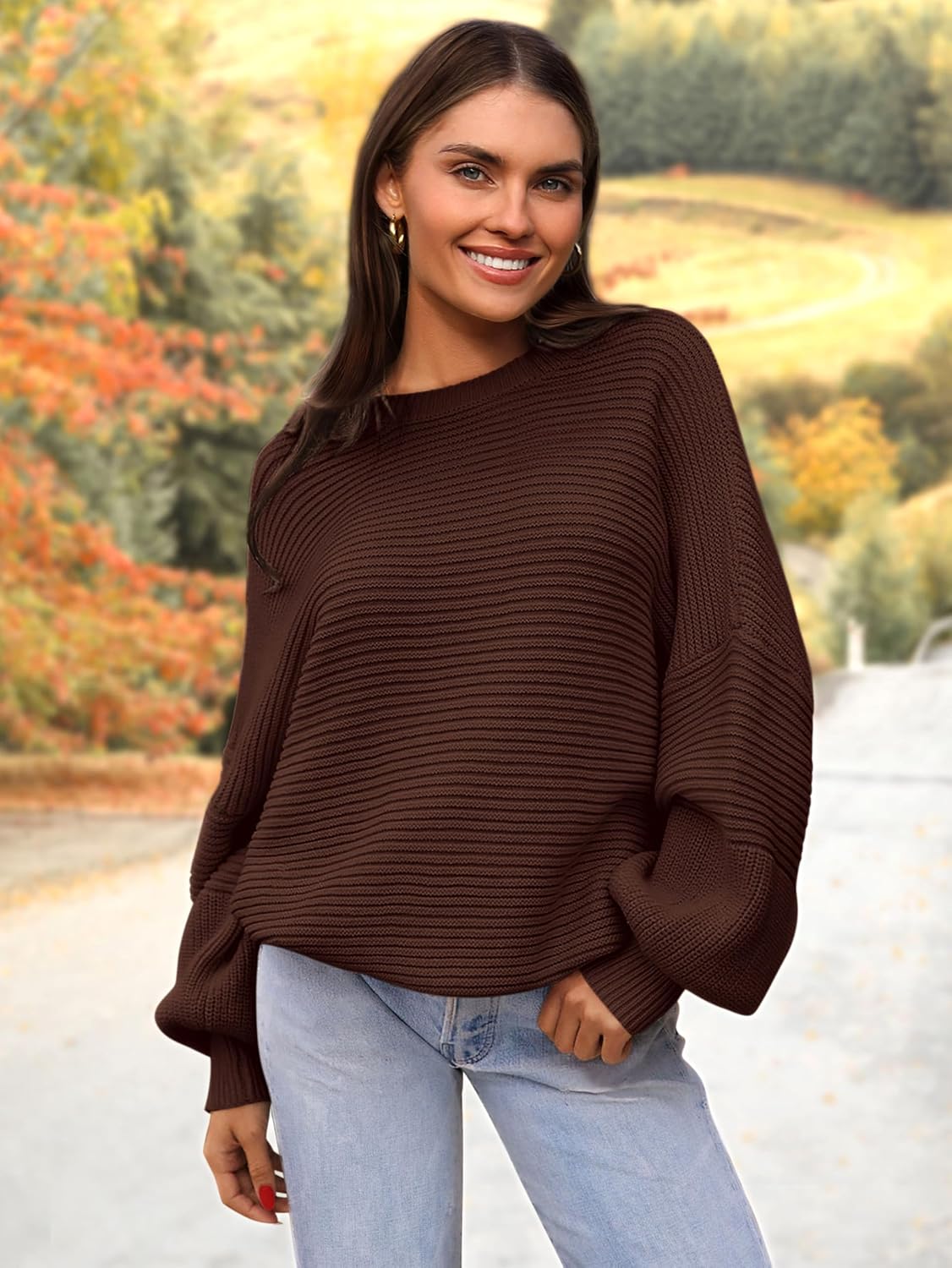 PRETTYGARDEN Womens Sweaters Fall 2025 Lantern Long Sleeve Oversized Sweater Casual Crewneck Chunky Knit Ribbed Pullover Tops