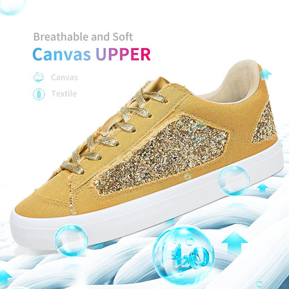 Women Glitter Sneakers Sparkly Sequin Canvas Fashion Sneakers Comfortable Lace Up Shiny Bling Shoes for Wedding Party