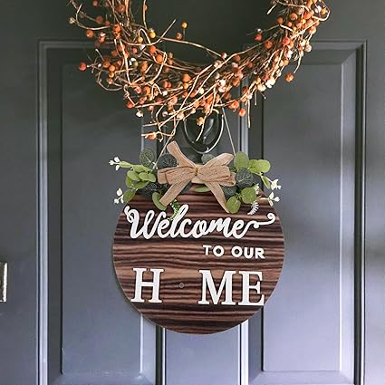 LUOZZY Wooden Welcome to Our Home Hanging Sign for Front Door Interchangeable Farmhouse Welcome Sign Rustic Wooden Hanging Sign with Changeable Ornaments