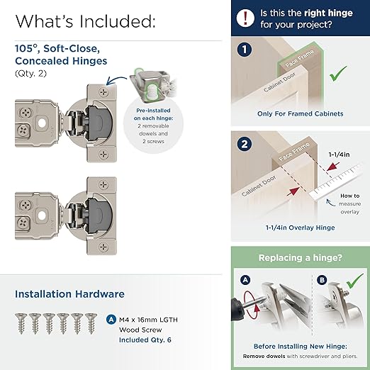 Amerock 2 Pack 1-14 inch Overlay Soft-Closing Compact Concealed Hinge for Face Frame Cabinet, 105-degree Opening Angle with 3-Way adjustability