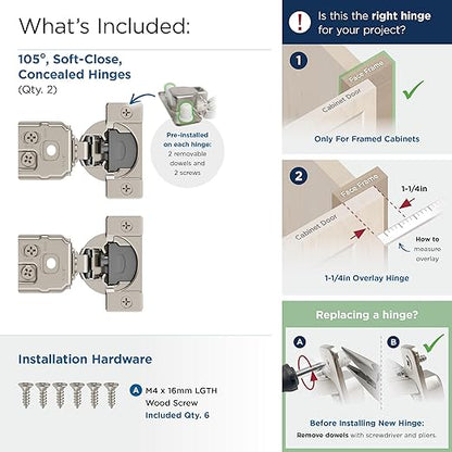 Amerock 2 Pack 1-14 inch Overlay Soft-Closing Compact Concealed Hinge for Face Frame Cabinet, 105-degree Opening Angle with 3-Way adjustability