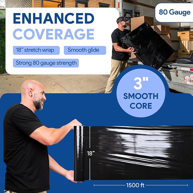Black 18" Stretch Film/Wrap 1500 feet 7 Layers 80 Gauge Industrial Strength 800% Stretch 20 Microns Durable Adhering Packing Moving Heavy Duty Shrink Film (1 Pack, Black)