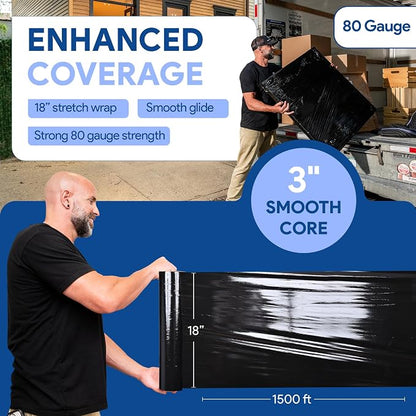 Black 18" Stretch Film/Wrap 1500 feet 7 Layers 80 Gauge Industrial Strength 800% Stretch 20 Microns Durable Adhering Packing Moving Heavy Duty Shrink Film (1 Pack, Black)