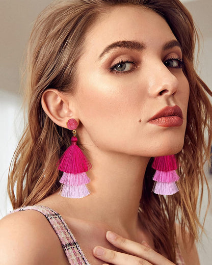 Me&Hz Colorful Layered Tassel Earrings Bohemian Statement Tiered Tassel Big Dangle Drop Earrings for Women Druzy Studs Valentine’s Day Gift
