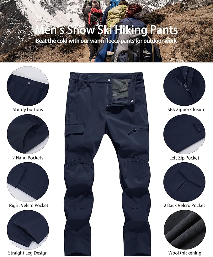 Men's Snow Ski Hiking Pants Winter Fleece Lined Softshell Outdoor Waterproof Insulated Cargo Work Pants
