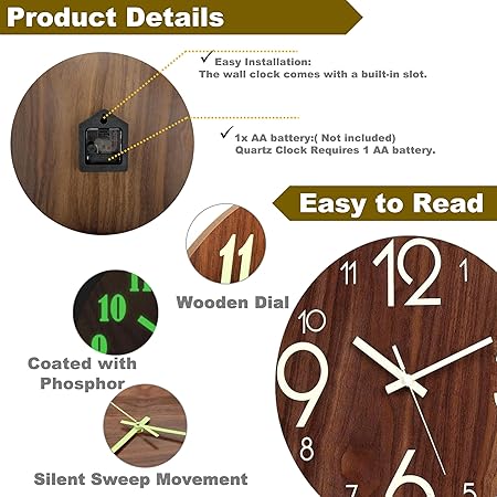 12 inch Luminous Wooden Round Silent Non-Ticking Quartz Wall Clocks, Large Numbers and Hands, Easy to Read Both Day and Night (Large Digital)