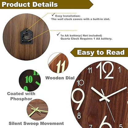 12 inch Luminous Wooden Round Silent Non-Ticking Quartz Wall Clocks, Large Numbers and Hands, Easy to Read Both Day and Night (Large Digital)