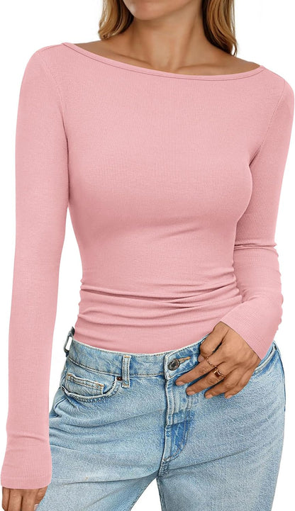 PRETTYGARDEN Long Sleeve Shirts for Women 2026 Fall Boat Neck Ribbed Knit Ruched Spring Going Out Tops Casual Basic Tees.