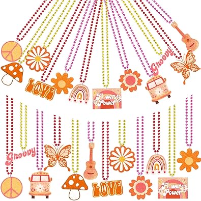 48 Pcs Groovy Beaded Necklaces Metallic Retro Hippie Boho Party Necklaces Bulk Daisy Rainbow Peace Retro Party Favors for Women Groovy Birthday Party Supplies, 12 Styles