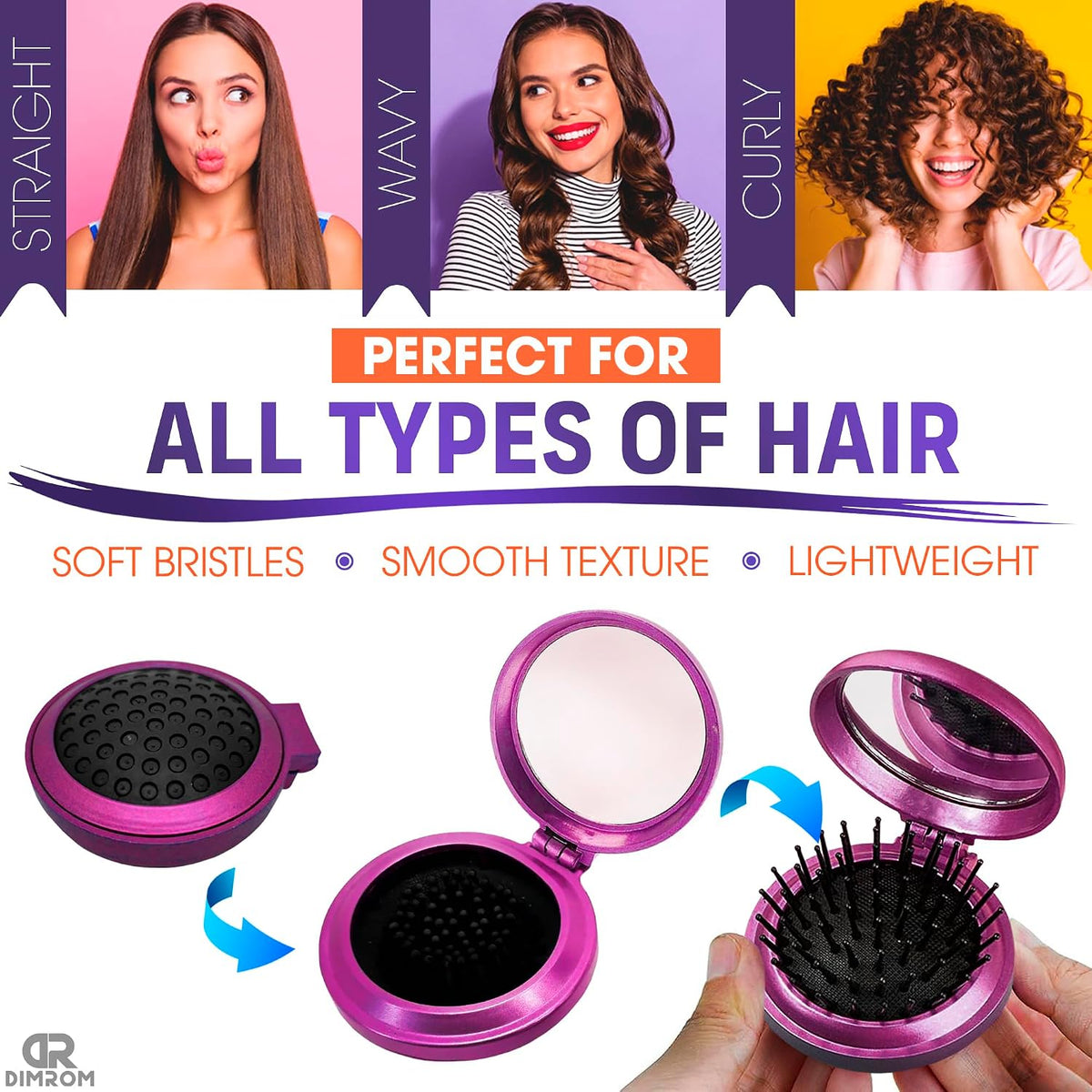 5 Pcs Pocket Hairbrush with Mirror, Travel-Friendly, Soft Bristles Mini Hair Brush with Mirror Set, Foldable, Smooths and Detangles Hair, 2.5x0.8" Size, for Hairstyling and Makeup on the Go (Missing green hairbrush. Set of 5 hairbrushes)