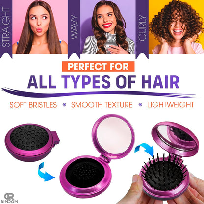 5 Pcs Pocket Hairbrush with Mirror, Travel-Friendly, Soft Bristles Mini Hair Brush with Mirror Set, Foldable, Smooths and Detangles Hair, 2.5x0.8" Size, for Hairstyling and Makeup on the Go (Missing green hairbrush. Set of 5 hairbrushes)