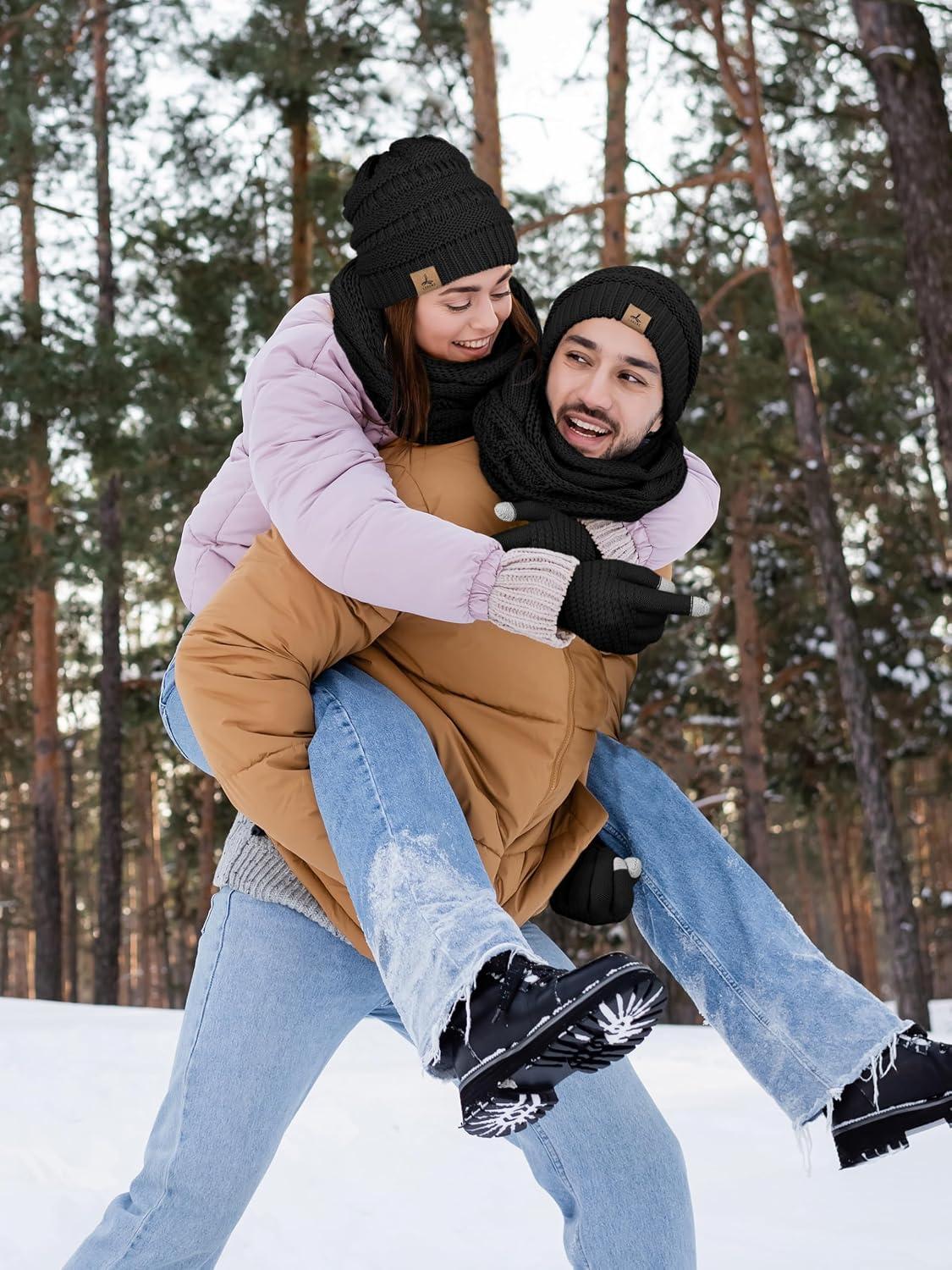 Winter Beanie Hat Scarf, Warm Fleece Knit Hats Touch Screen Gloves Neck Scarf Set Winter Gifts for Unisex Adult ( gloves not included)