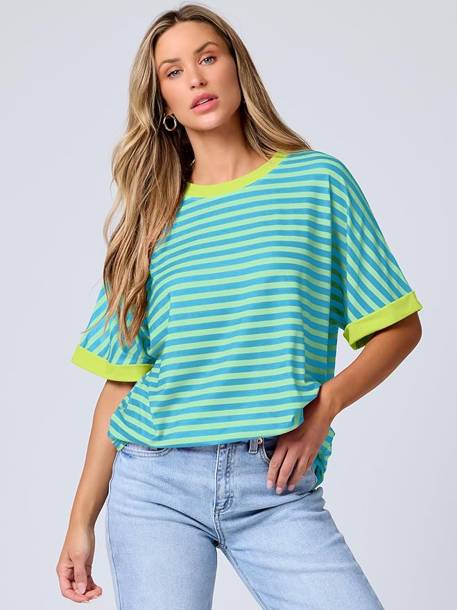 ANRABESS Womens Oversized T Shirts Striped Basic Tees Short Sleeve Crewneck Casual Loose Tops Shirts 2025 Summer Outfits