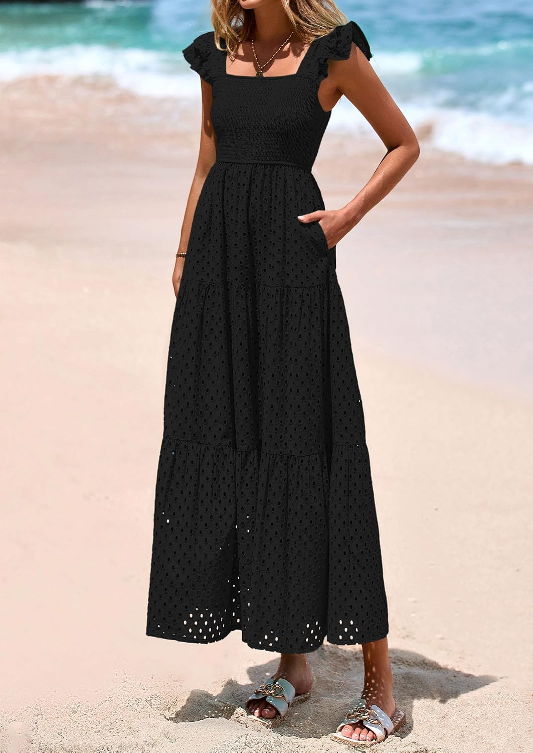 Womens Summer Square Neck Maxi Dresses Cap Sleeve Eyelet Smocked Tiered A Line Flowy Long Dress with Pockets