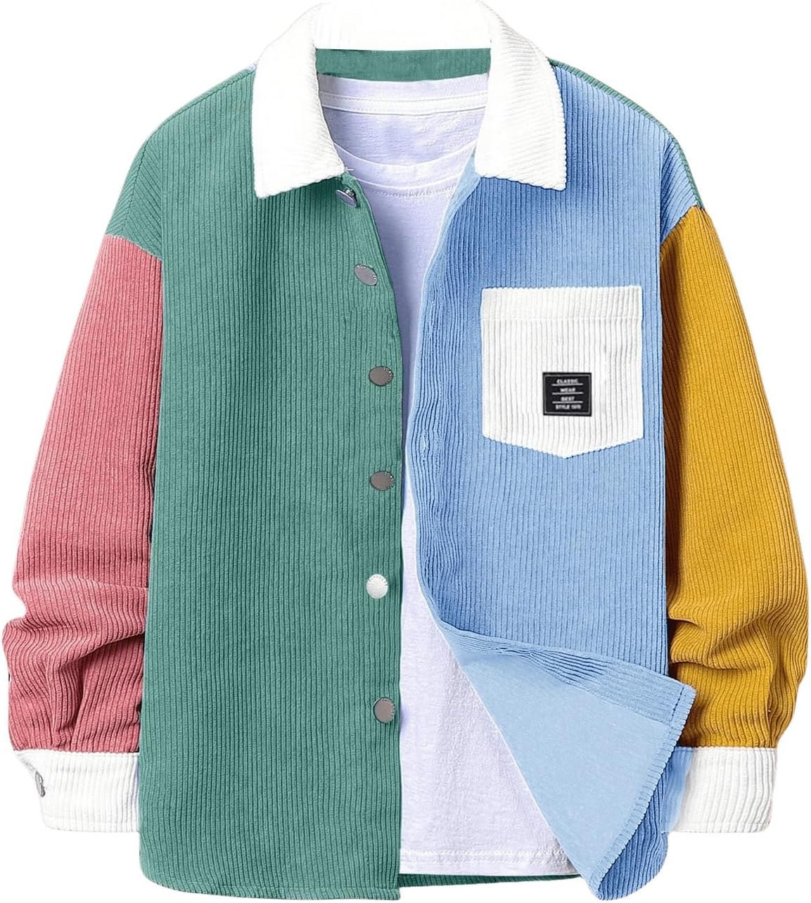 SHENHE Men's Colorblock Button Down Shirt Jacket Collared Loose Corduroy Shacket Jacket Streetwear