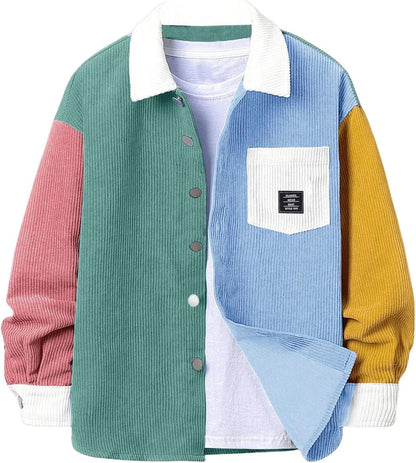 SHENHE Men's Colorblock Button Down Shirt Jacket Collared Loose Corduroy Shacket Jacket Streetwear