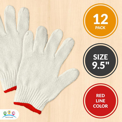 ABC PACK & SUPPLY String Knit Work Gloves, 9.5 Inch Large, Beige Cotton Polyester, Pack of 1 Pairs, Elastic Wrist with Red Edge Line