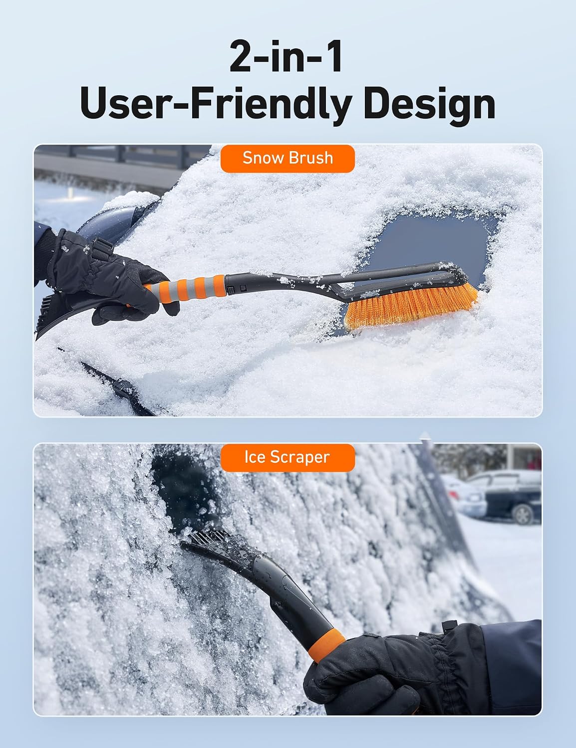 AstroAI 27" Snow Brush and Ice Scrapers for Car Windshield, Detachable Snow Scrapers with Ergonomic Foam Grip for Cars, Trucks, SUVs (Heavy Duty ABS, PVC Brush, Orange)
