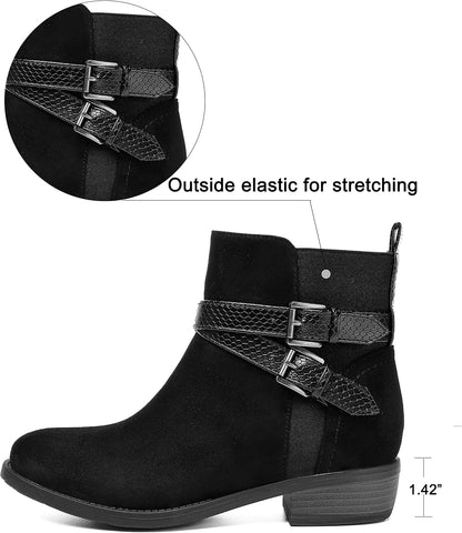 Size 12, VJH confort Women's Ankle Boots,Round Toe Low Heel Comfort Elastic Booties with Side Zipper Buckle Strap .