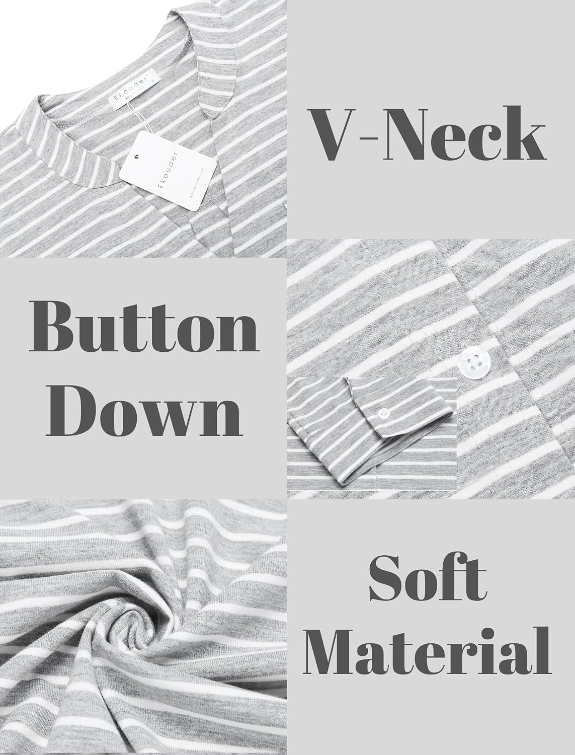 Women's Nightgown V Neck Striped Button Down Sleepwear 3/4 Sleeves Nightshirts Soft Button Sleep Dress S-XXL