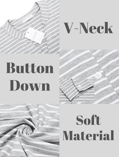 Women's Nightgown V Neck Striped Button Down Sleepwear 3/4 Sleeves Nightshirts Soft Button Sleep Dress S-XXL