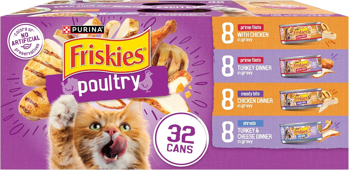 Purina Friskies Wet Cat Food Variety Pack, Poultry, (32) 5.5 oz Cans Shreds, Meaty Bits and Prime Filets recipes, high-protein cat food in gravy, made with real chicken or turkey