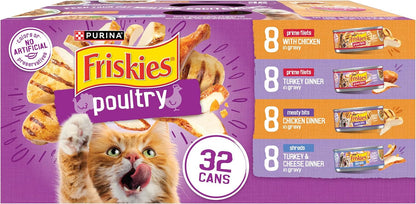 Purina Friskies Wet Cat Food Variety Pack, Poultry, (32) 5.5 oz Cans Shreds, Meaty Bits and Prime Filets recipes, high-protein cat food in gravy, made with real chicken or turkey