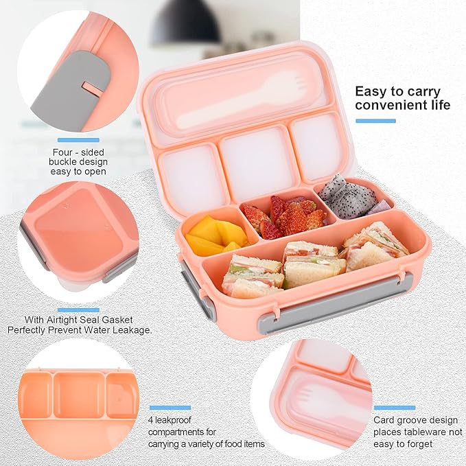Bento Box Lunch Containers for Adults 5 Cup,Bento Boxes with 4 Compartments &Fork,Leak-proof,Microwave/Dishwasher/Freezer Safe,Pink