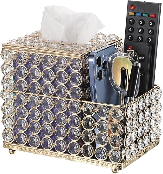 Sumnacon Square Crystal Tissue Box Cover -Sparkling Cube Tissue Box with Side Organizer,Decorative Tissue Holder for Living Room Vanity Night Stand Desk Countertop Office, Gold