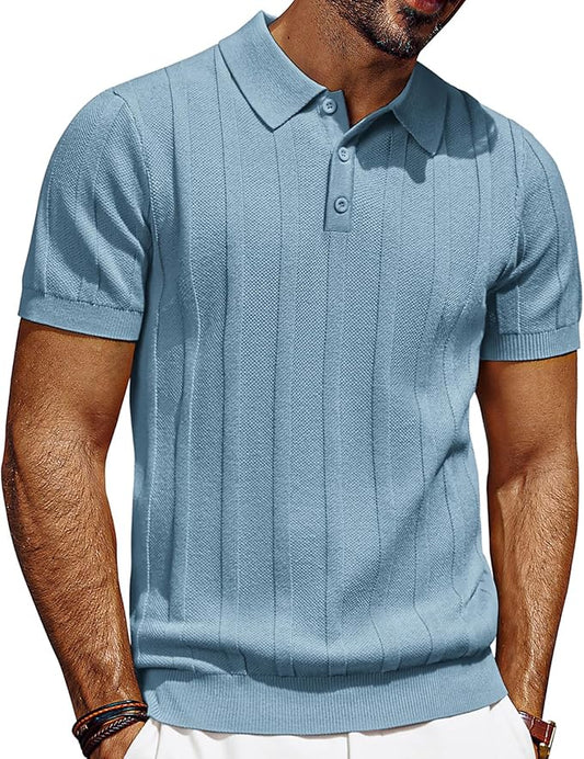 PJPAUL JONES Mens Polo Shirts Short Sleeve Textured Knit Polo Shirt Ribbed Casual Golf Shirts